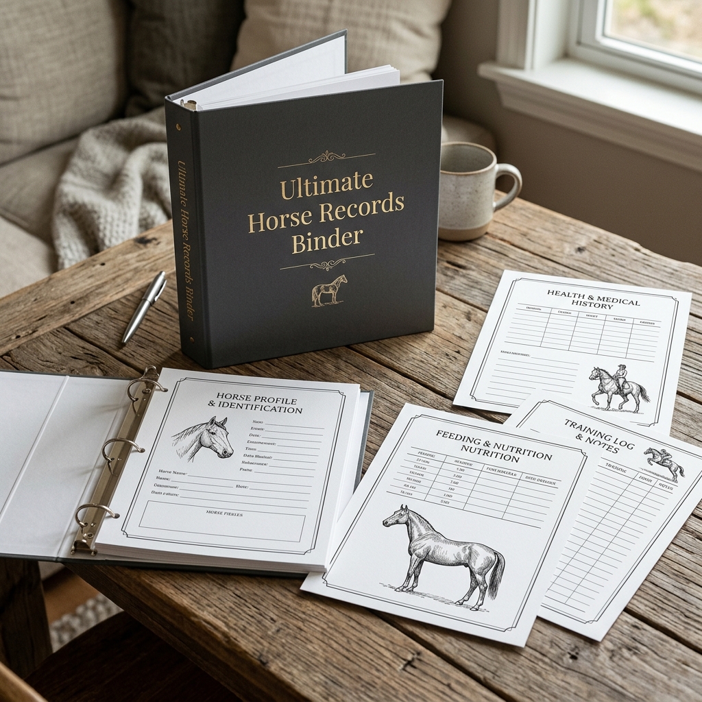 Printable Horse Records Binder mockup showing cover page and inside planner layout on a table